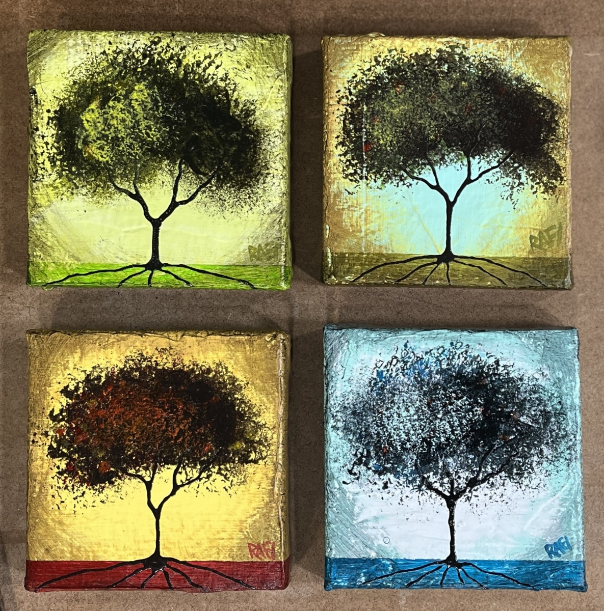 Seasonal JOY No. 8 Tree Paintings Mixed Medium On Canvas 4 Piece By Artist Rafi Perez 4X4