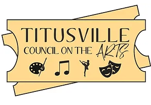 Logo of the Titusville Council on the Arts featuring artistic symbols like a palette, musical note, dancer, and theater masks on a golden ticket design.