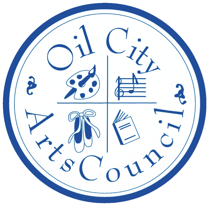 Logo of the Oil City Arts Council featuring four quadrants with symbols representing art, music, dance, and literature.