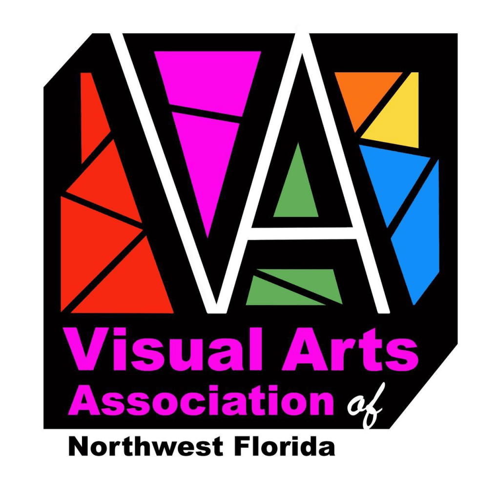 Logo of the Visual Arts Association of Northwest Florida featuring colorful geometric shapes and bold typography.