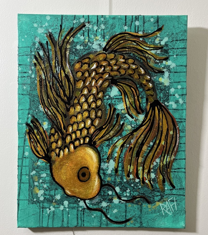Lucky Koi Fish Original Art by Artist Rafi Perez Mixed Medium on Canvas 16X20 - Image 2