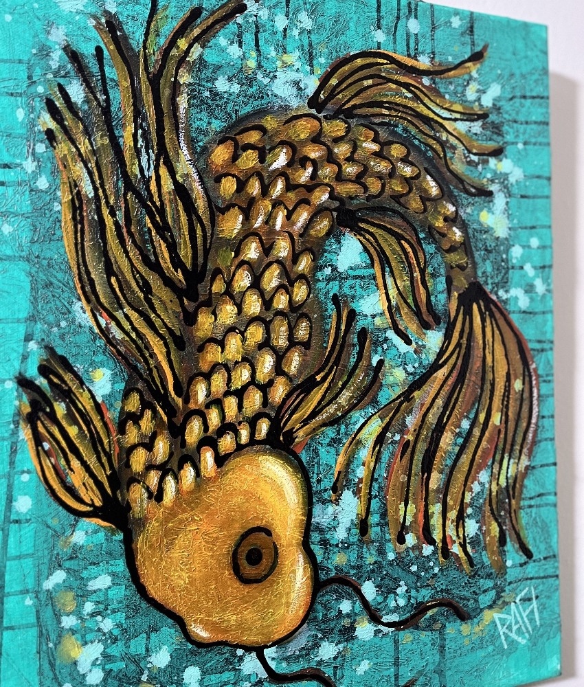 Lucky Koi Fish Original Art by Artist Rafi Perez Mixed Medium on Canvas 16X20 - Image 3