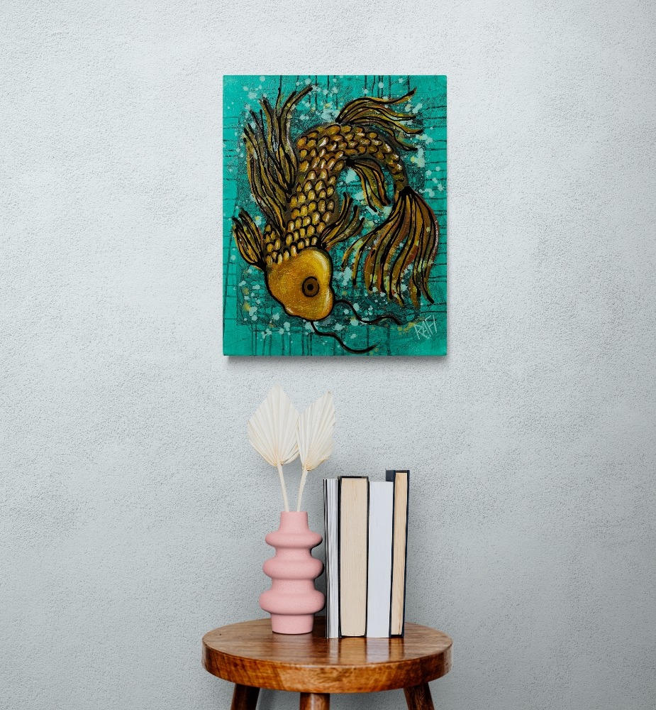 Lucky Koi Fish Original Art by Artist Rafi Perez Mixed Medium on Canvas 16X20 - Image 5