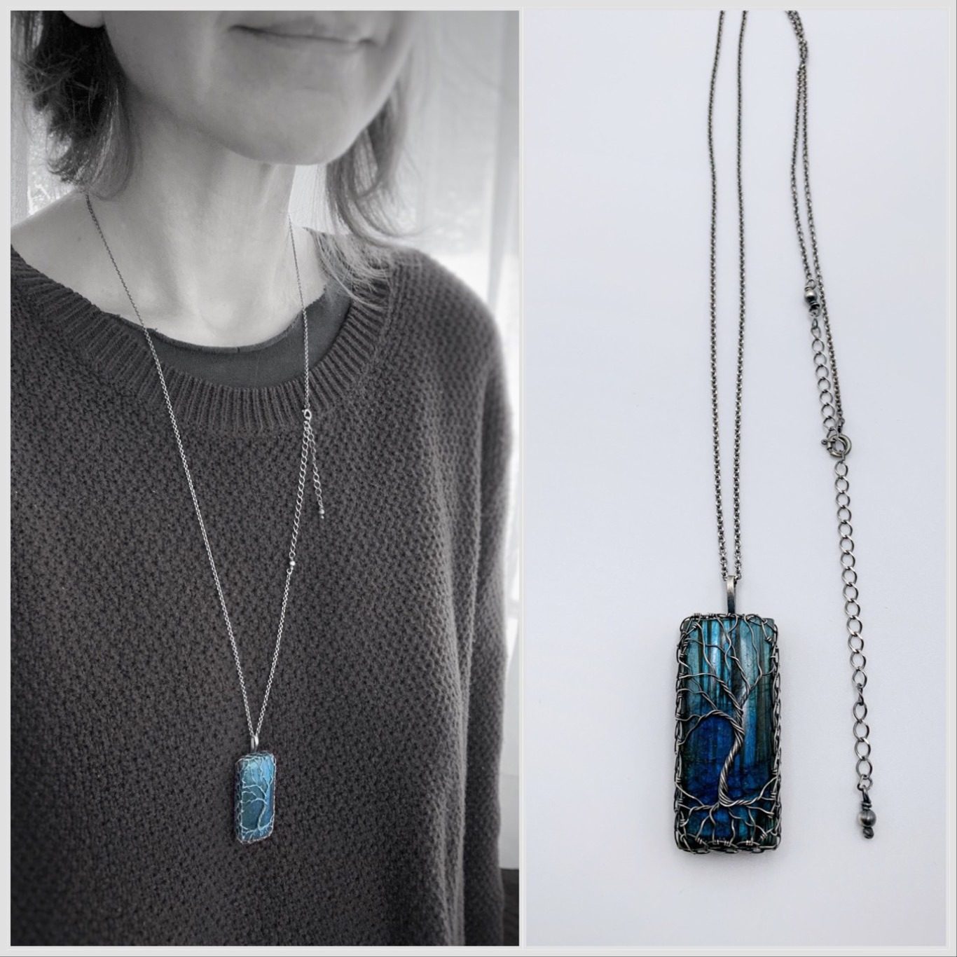 Tree Of Life Necklace / Antiqued Sterling Silver / Labradorite Stone / “Time Stands Still”
