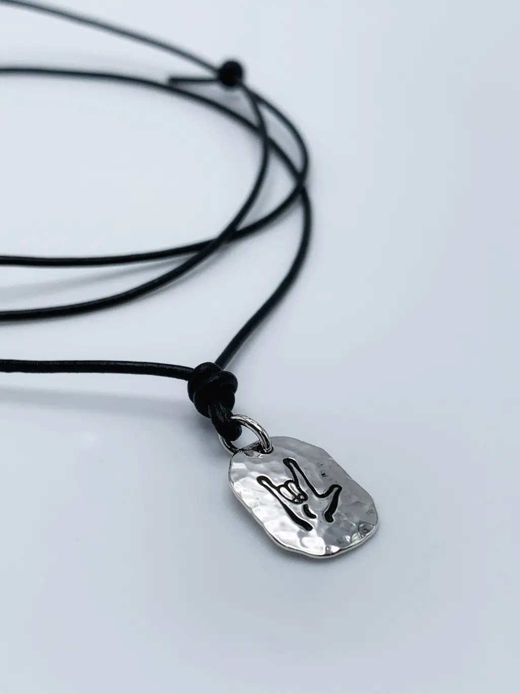 Men's I Love You Necklace / Sign Language / Solid Sterling Silver / Rustic Oval Bullion Shape / Adjustable Leather Cord - Image 5