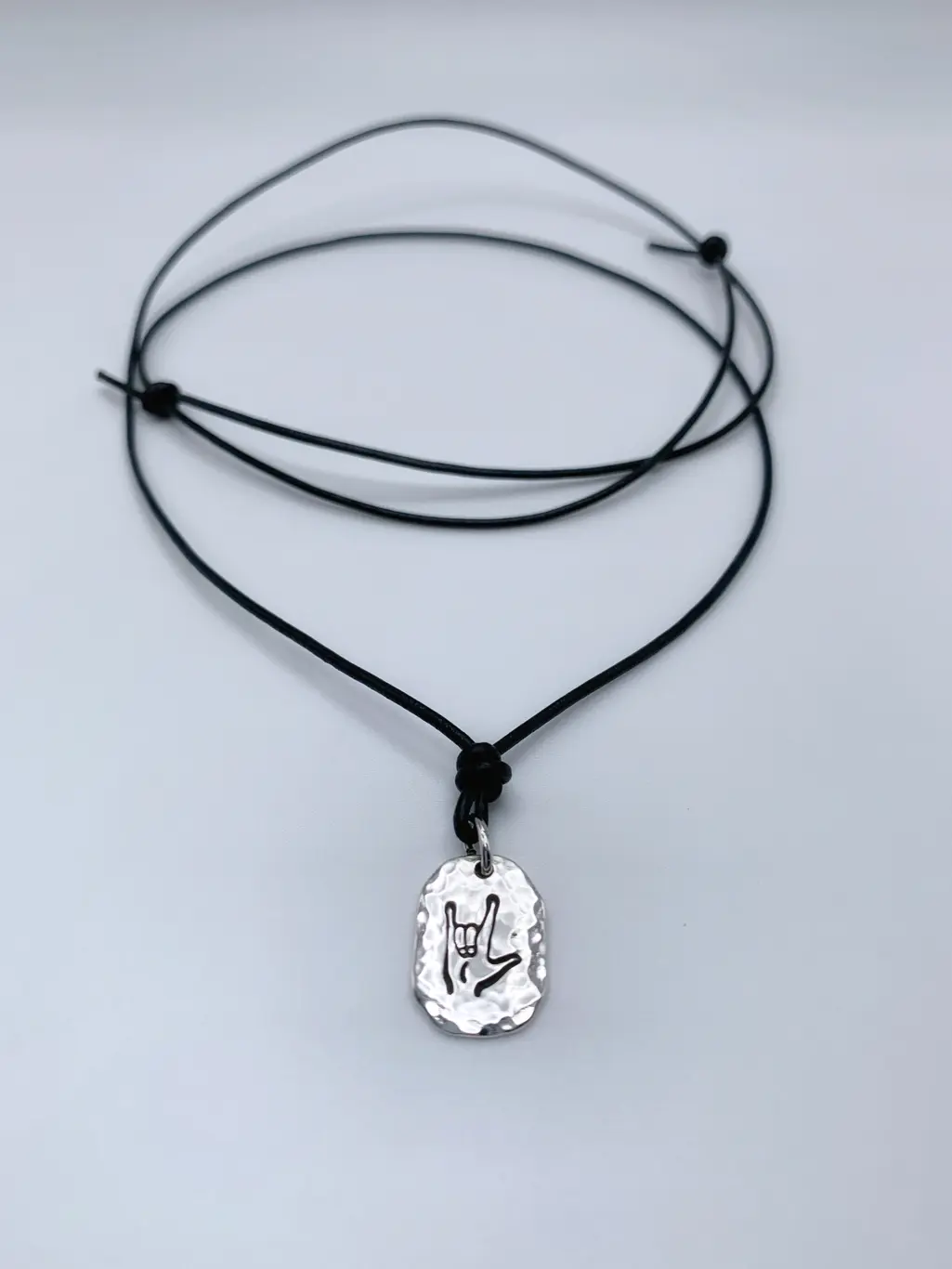 Men's I Love You Necklace / Sign Language / Solid Sterling Silver / Rustic Oval Bullion Shape / Adjustable Leather Cord - Image 3