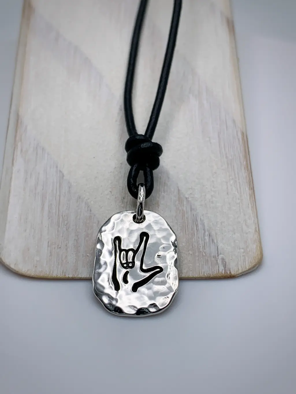 Men's I Love You Necklace / Sign Language / Solid Sterling Silver / Rustic Oval Bullion Shape / Adjustable Leather Cord - Image 7