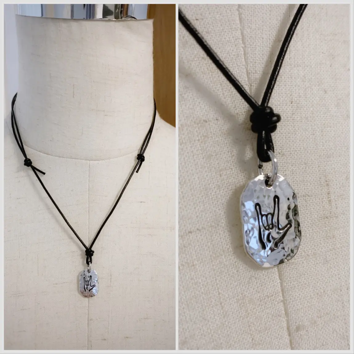 Men's I Love You Necklace / Sign Language / Solid Sterling Silver / Rustic Oval Bullion Shape / Adjustable Leather Cord - Image 9