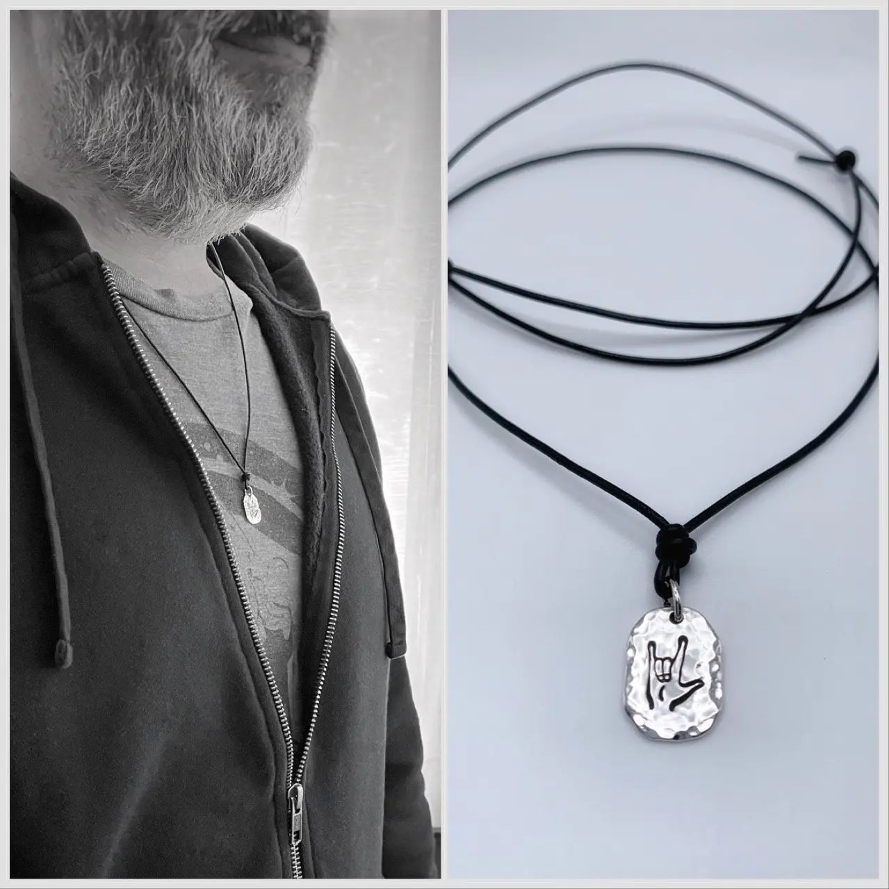 Men's I Love You Necklace / Sign Language / Solid Sterling Silver / Rustic Oval Bullion Shape / Adjustable Leather Cord