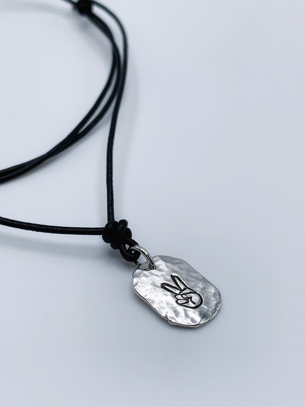 Men's Peace Sign Necklace / Hand Gesture / Solid Sterling Silver / Rustic Oval Bullion Shape / Adjustable Leather Cord - Image 5