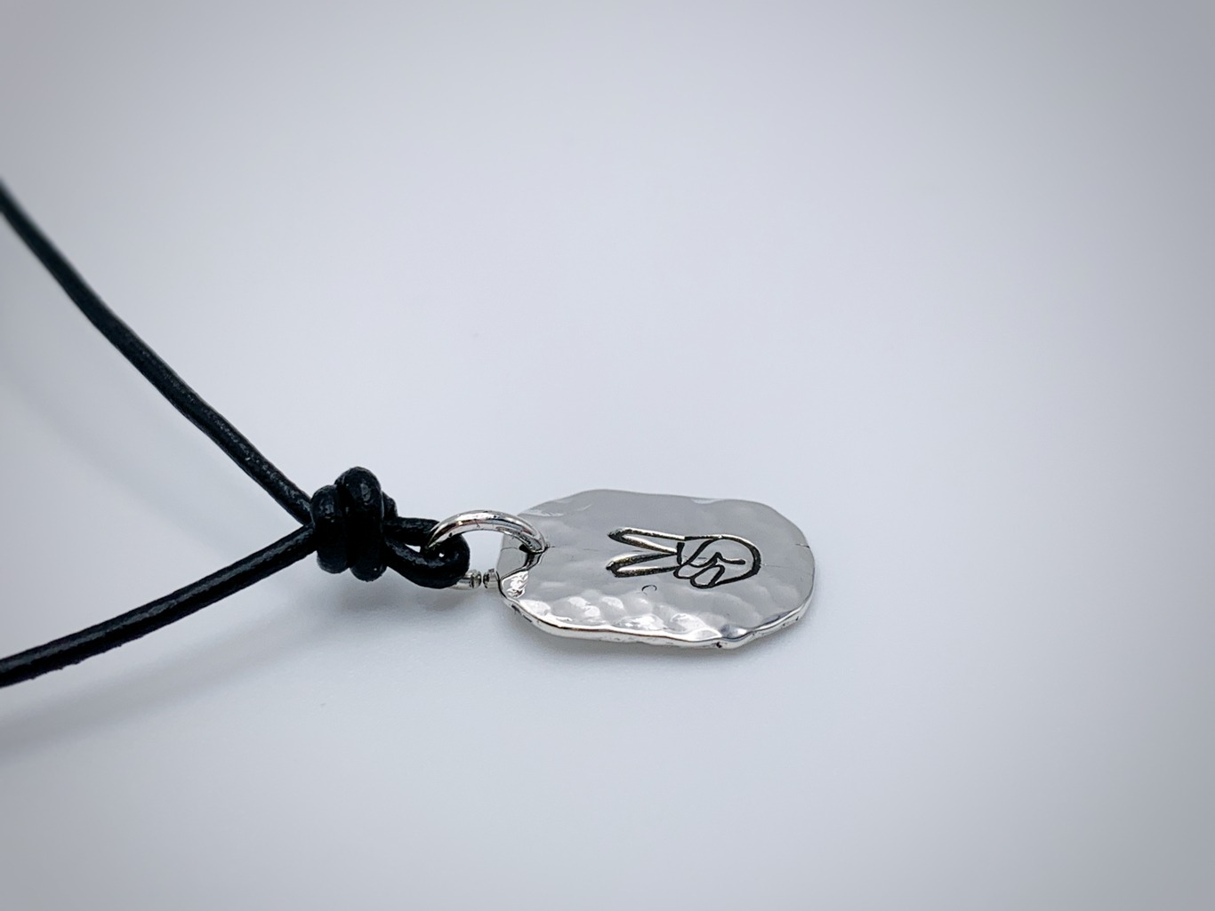 Men's Peace Sign Necklace / Hand Gesture / Solid Sterling Silver / Rustic Oval Bullion Shape / Adjustable Leather Cord - Image 6