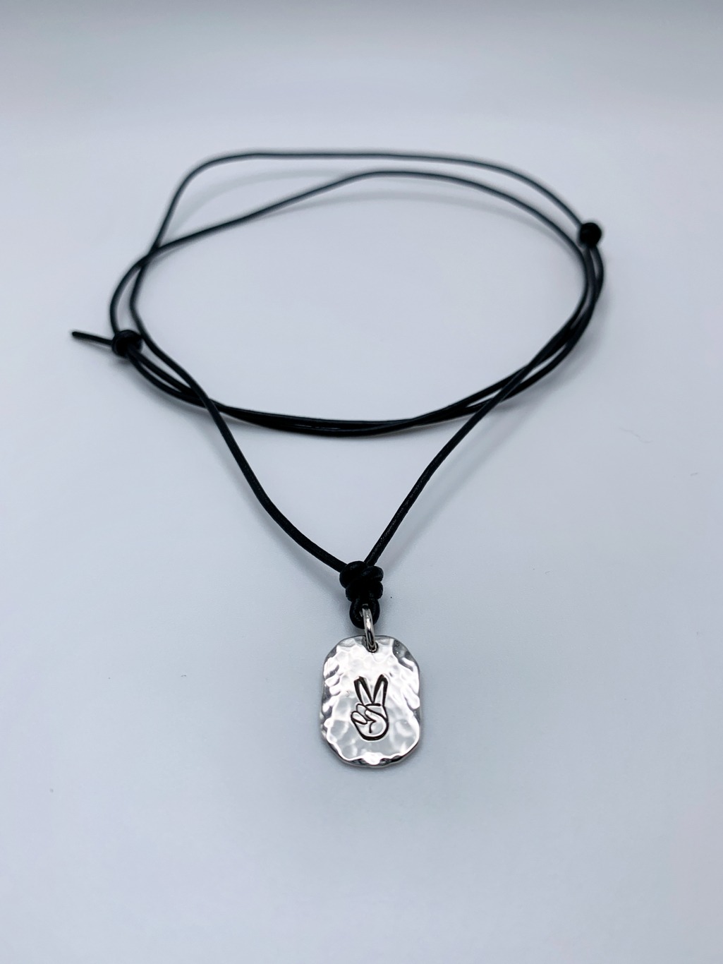 Men's Peace Sign Necklace / Hand Gesture / Solid Sterling Silver / Rustic Oval Bullion Shape / Adjustable Leather Cord - Image 3