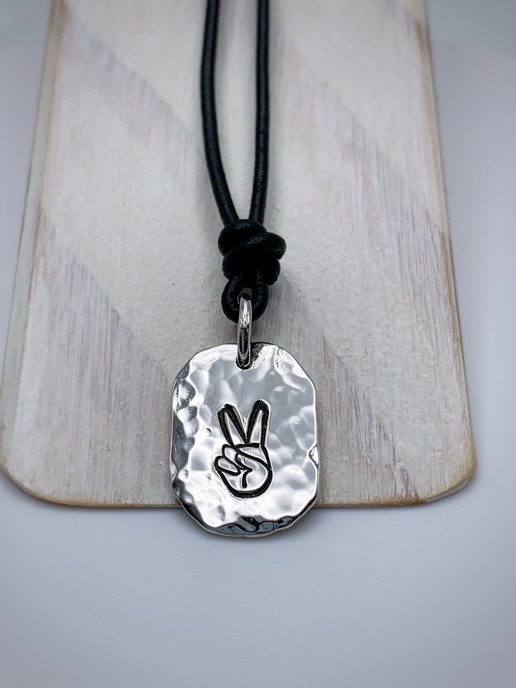Men's Peace Sign Necklace / Hand Gesture / Solid Sterling Silver / Rustic Oval Bullion Shape / Adjustable Leather Cord - Image 7