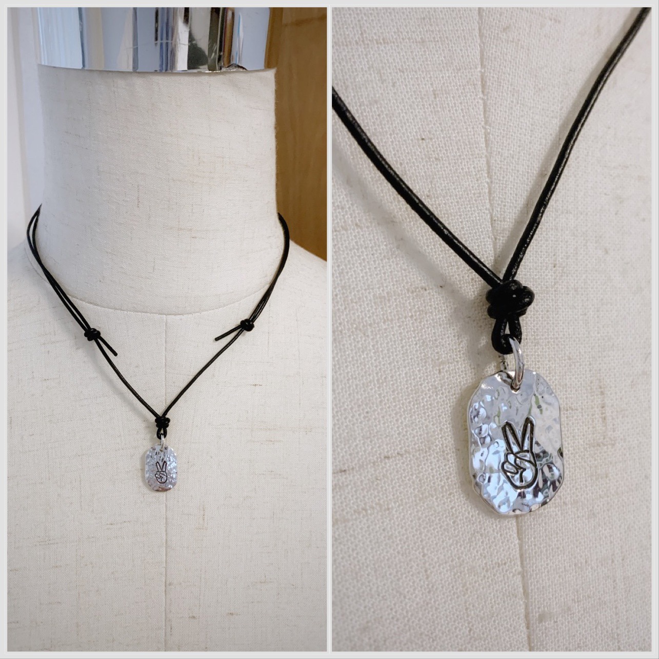 Men's Peace Sign Necklace / Hand Gesture / Solid Sterling Silver / Rustic Oval Bullion Shape / Adjustable Leather Cord - Image 9