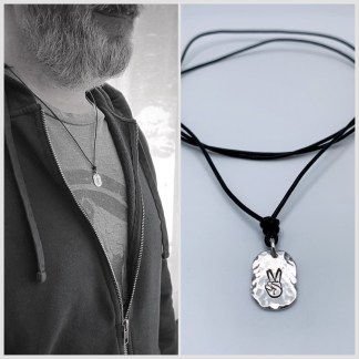 Men's Peace Sign Necklace / Hand Gesture / Solid Sterling Silver / Rustic Oval Bullion Shape / Adjustable Leather Cord