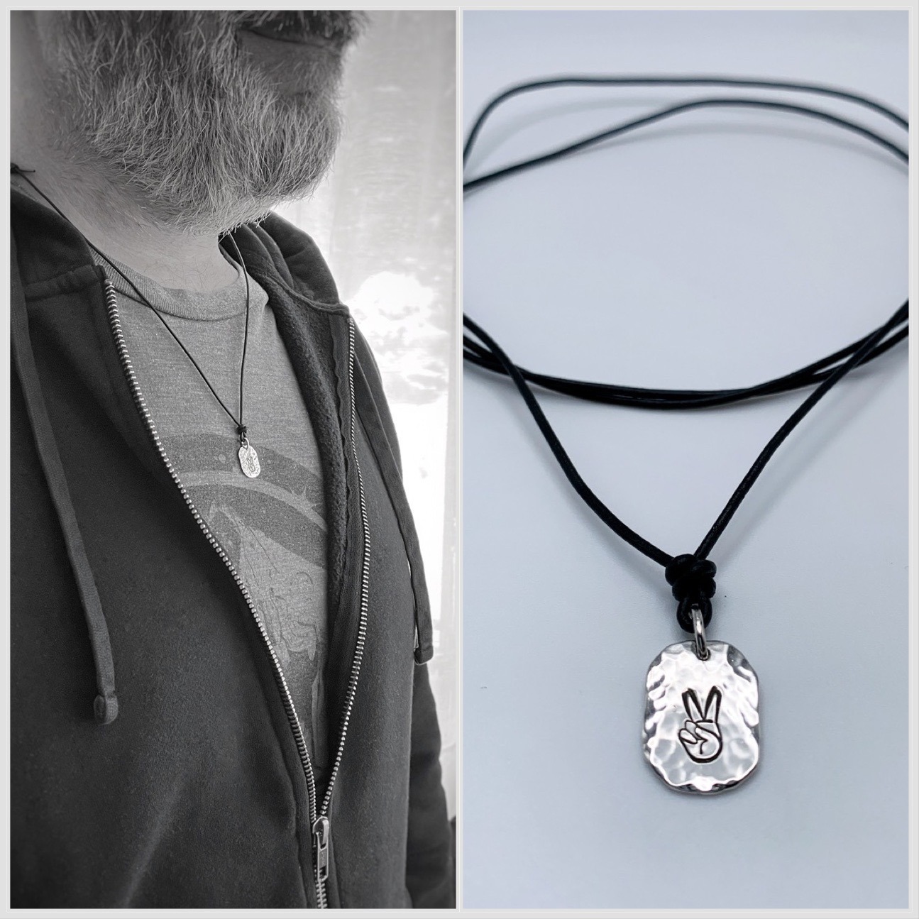 Men's Peace Sign Necklace / Hand Gesture / Solid Sterling Silver / Rustic Oval Bullion Shape / Adjustable Leather Cord