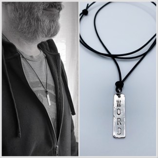 Men's Vertical Bar Necklace / Word Necklace / Solid Sterling Silver / Hammer Forged / Hammered Texture / Adjustable Leather Cord