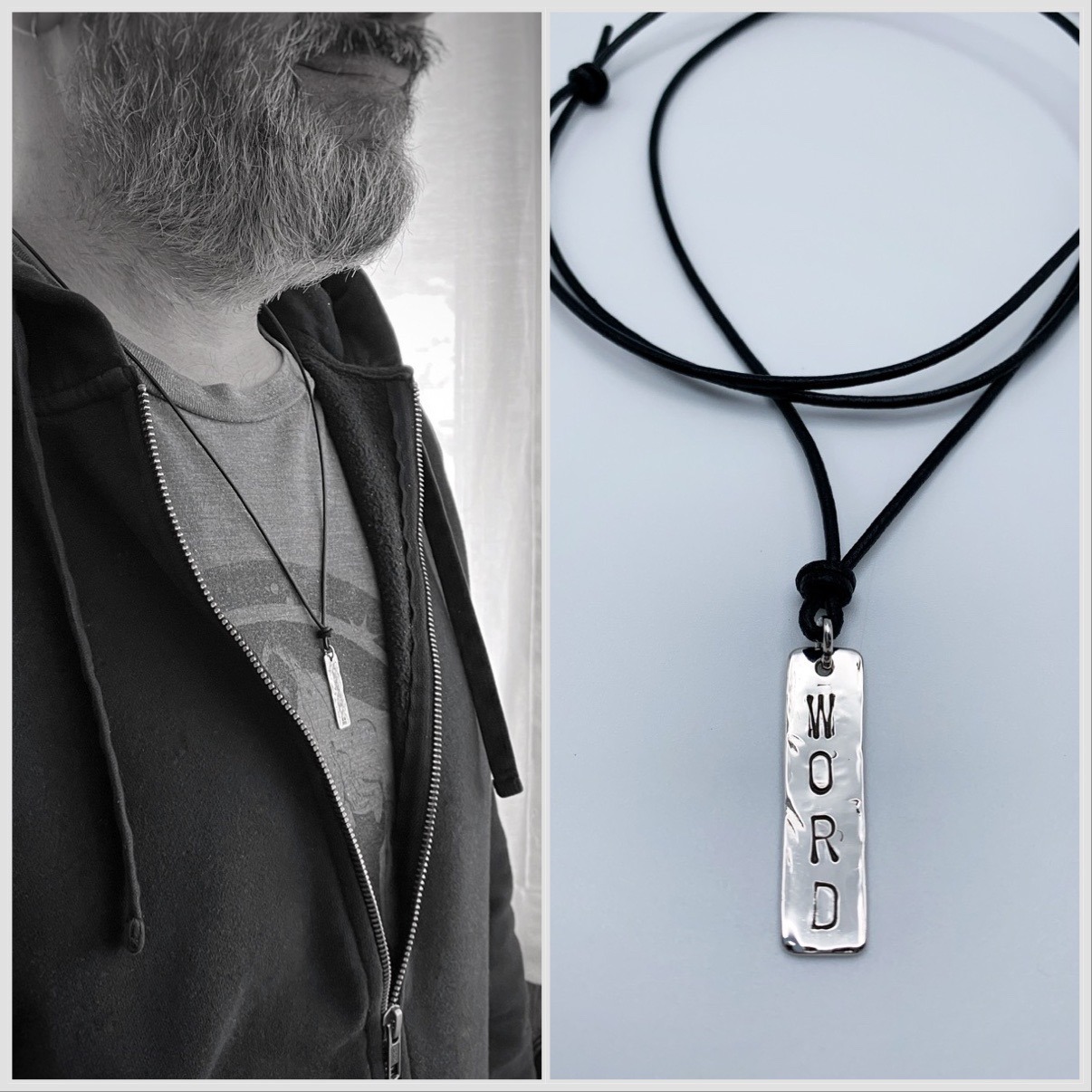 Men's Vertical Bar Necklace / Word Necklace / Solid Sterling Silver / Hammer Forged / Hammered Texture / Adjustable Leather Cord