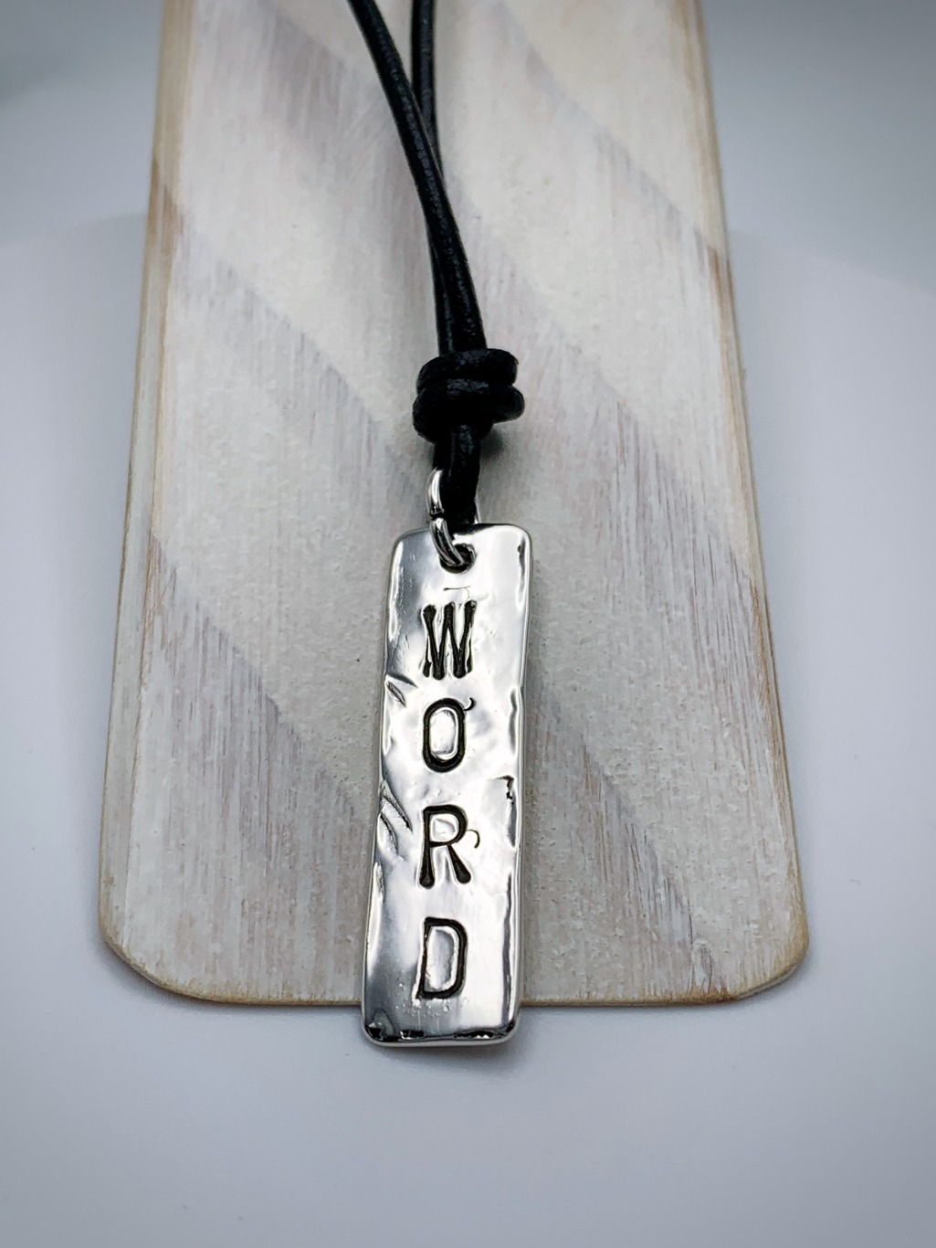 Men's Vertical Bar Necklace / Word Necklace / Solid Sterling Silver / Hammer Forged / Hammered Texture / Adjustable Leather Cord - Image 8