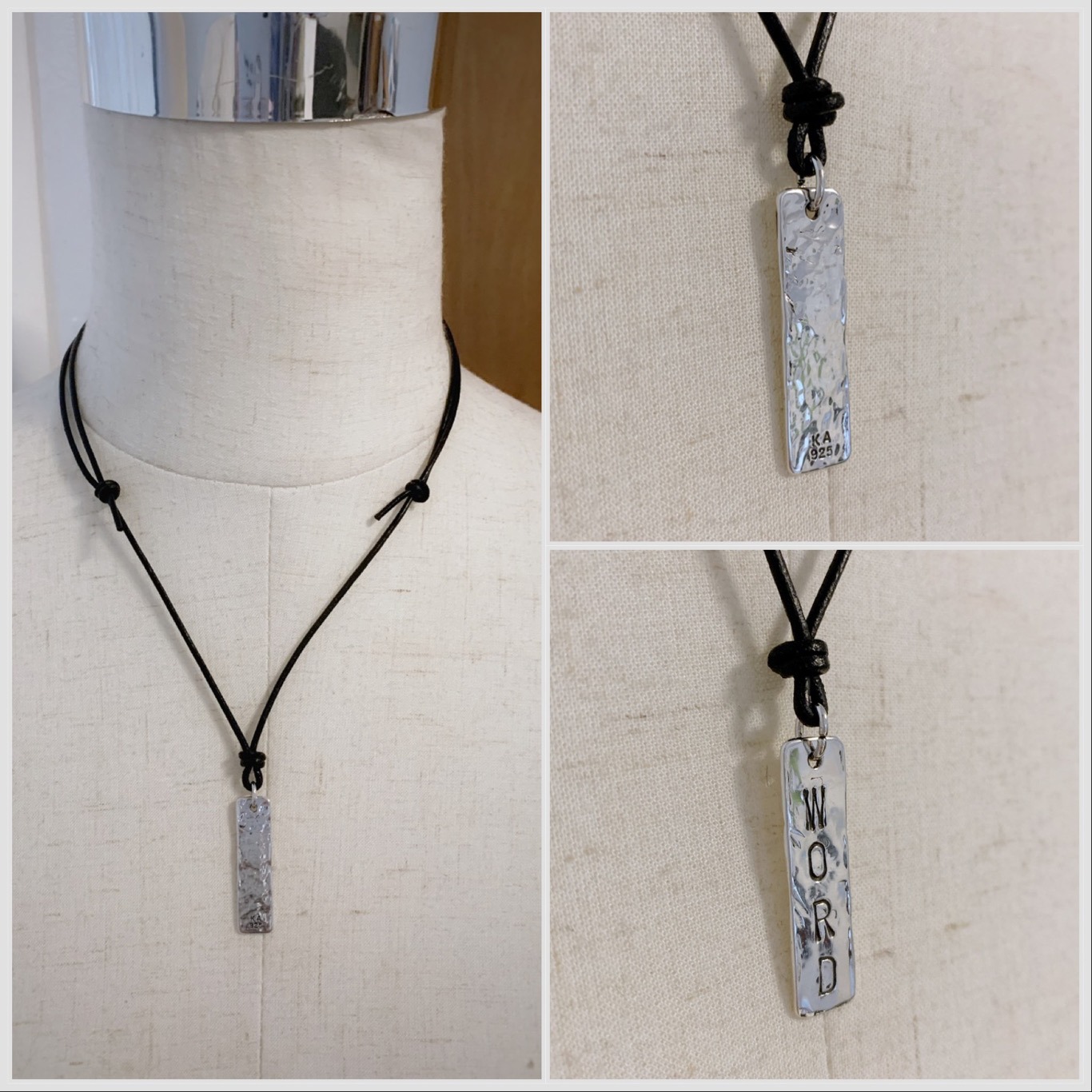 Men's Vertical Bar Necklace / Word Necklace / Solid Sterling Silver / Hammer Forged / Hammered Texture / Adjustable Leather Cord - Image 9