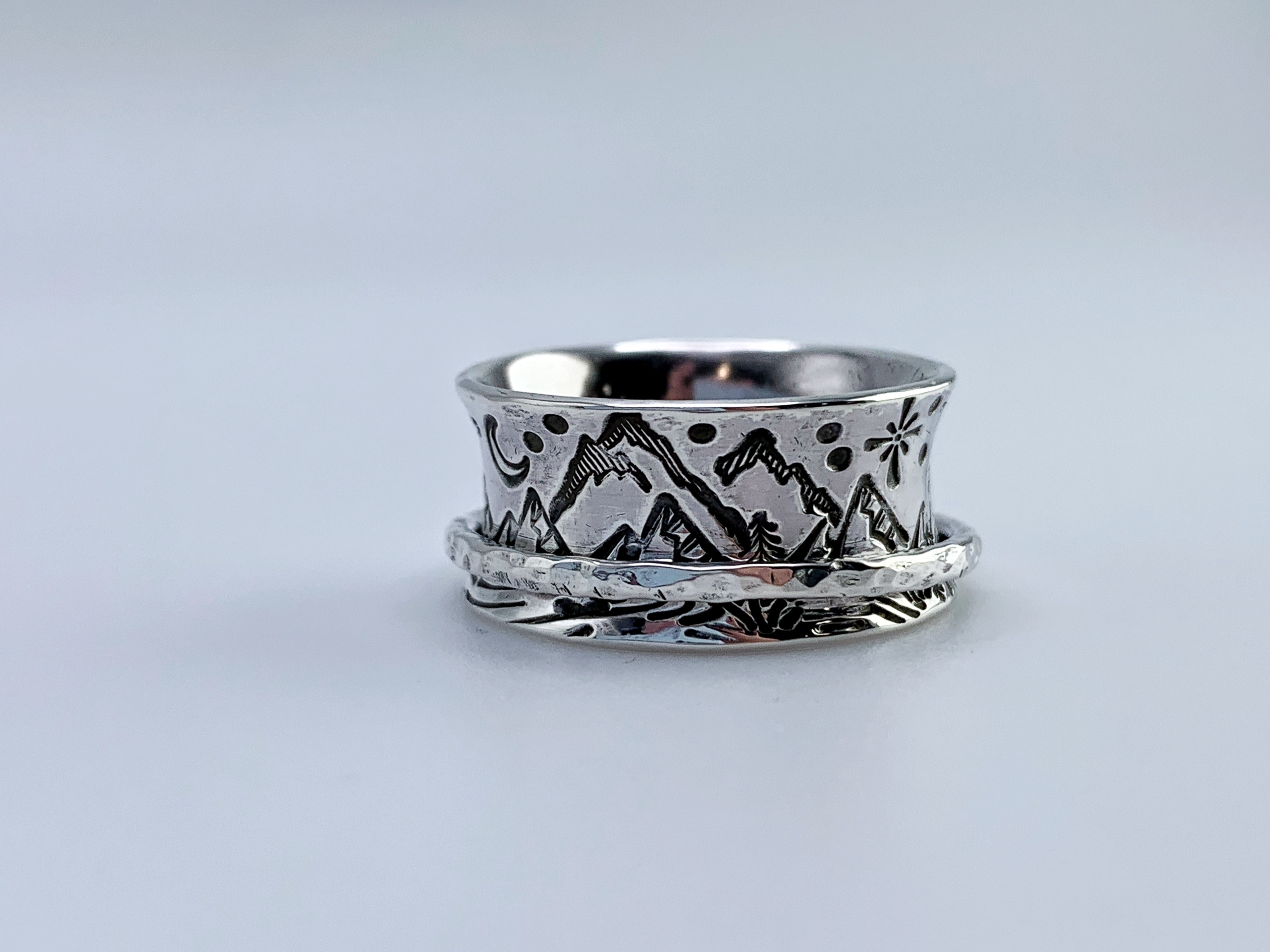 Scenic Route Mountain Spinner Ring / Solid Sterling Silver / 10mm Width / Hammer Forged / Custom Sized / "Night and Day" - Image 2