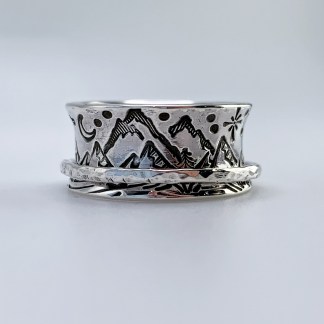 Scenic Route Mountain Spinner Ring / Solid Sterling Silver / 10mm Width / Hammer Forged / Custom Sized / "Night and Day"