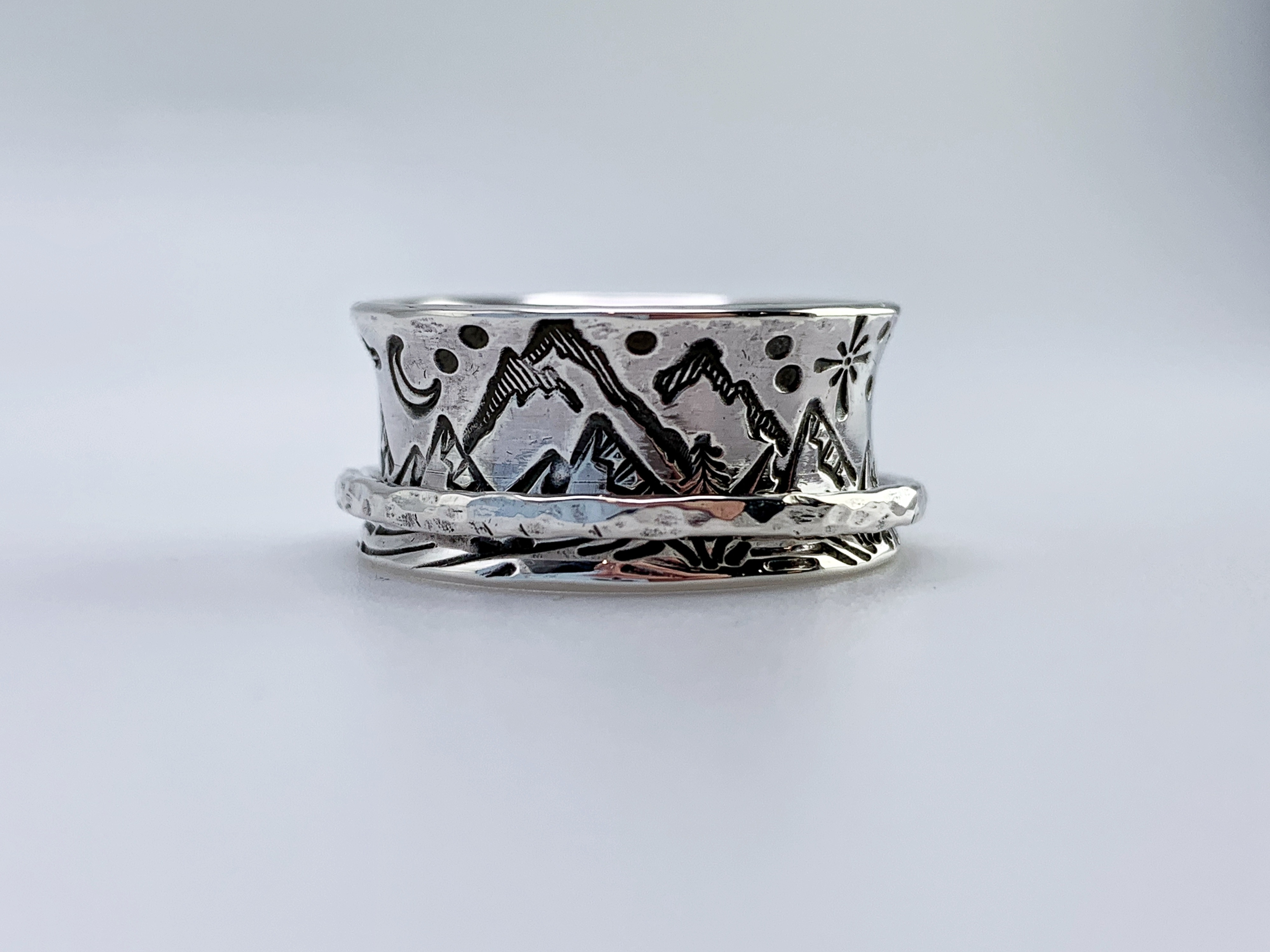 Scenic Route Mountain Spinner Ring / Solid Sterling Silver / 10mm Width / Hammer Forged / Custom Sized / "Night and Day"