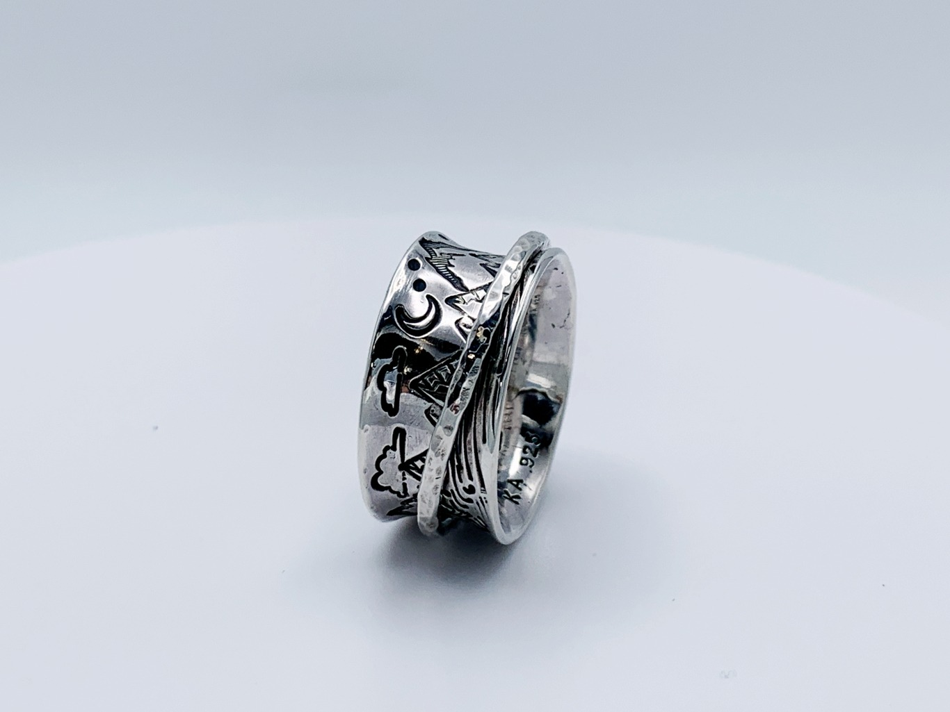 Scenic Route Mountain Spinner Ring / Solid Sterling Silver / 10mm Width / Hammer Forged / Custom Sized / "Night and Day" - Image 4
