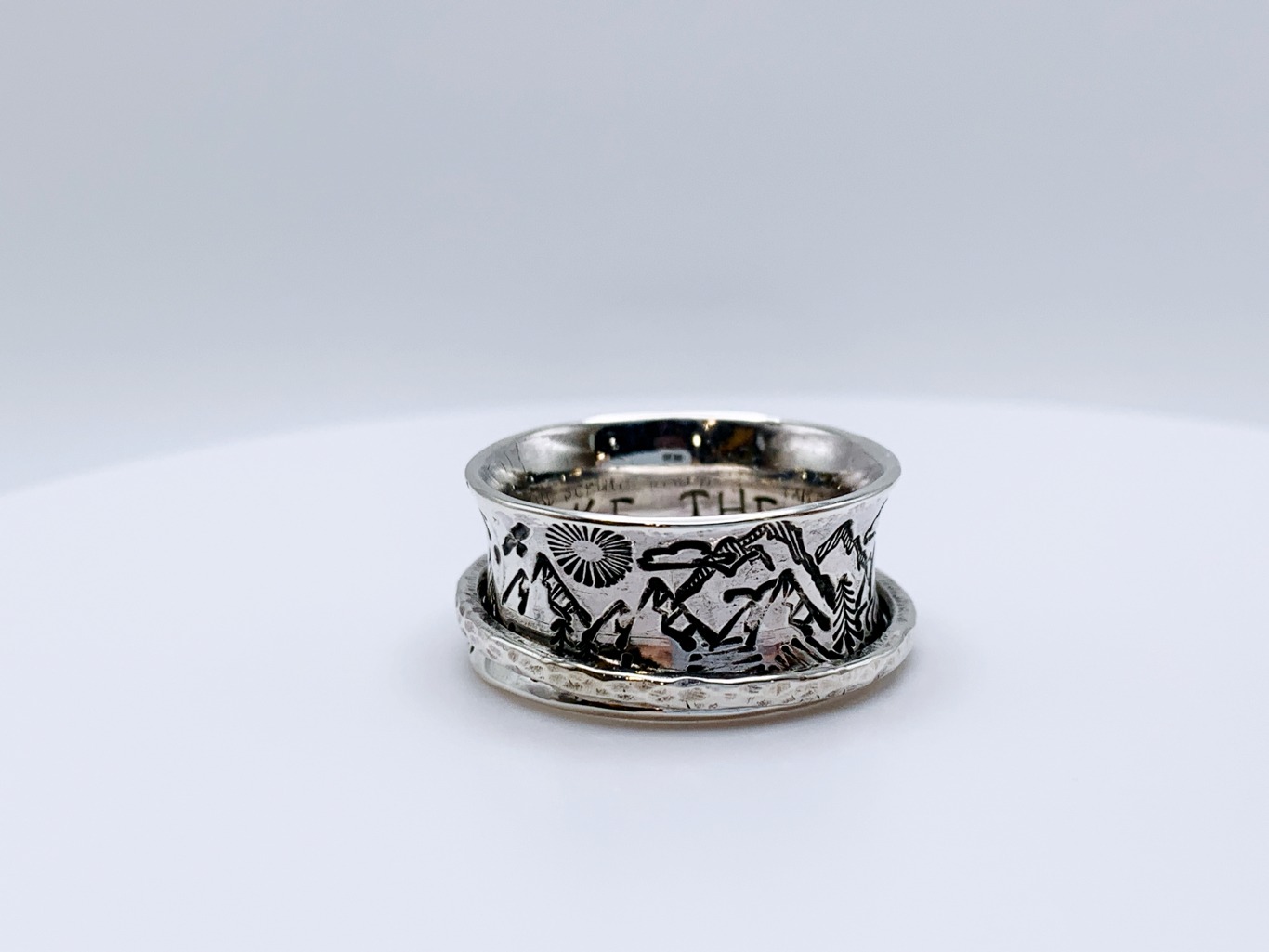 Scenic Route Mountain Spinner Ring / Solid Sterling Silver / 10mm Width / Hammer Forged / Custom Sized / "Night and Day" - Image 5