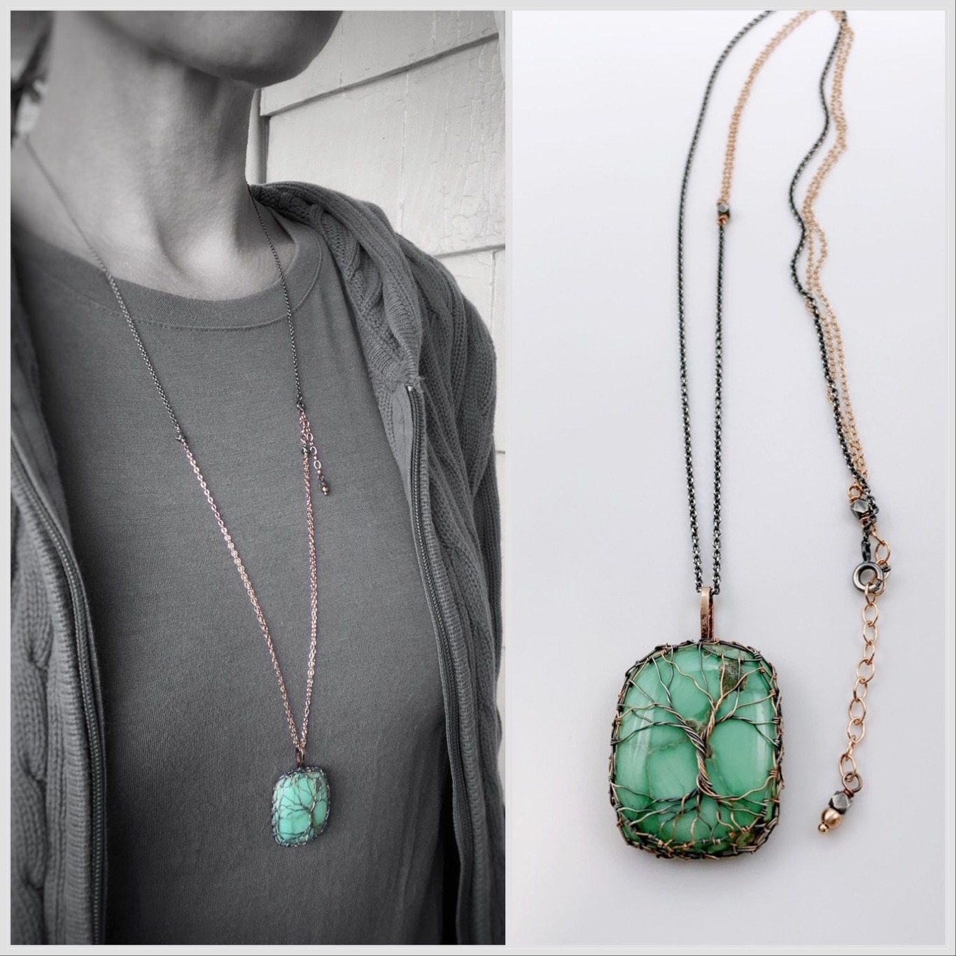 Tree Of Life Necklace / Antiqued Sterling Silver / 14k Rose Gold Filled / Rare Variscite Stone / “Convergence”