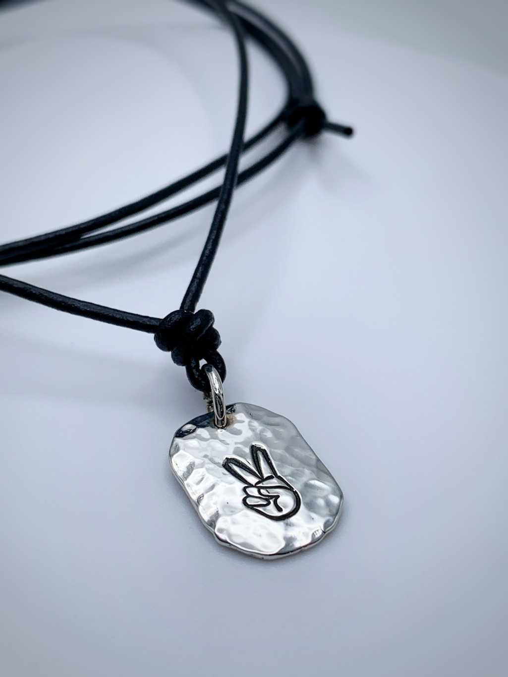 Men's Peace Sign Necklace / Hand Gesture / Solid Sterling Silver / Rustic Oval Bullion Shape / Adjustable Leather Cord - Image 2