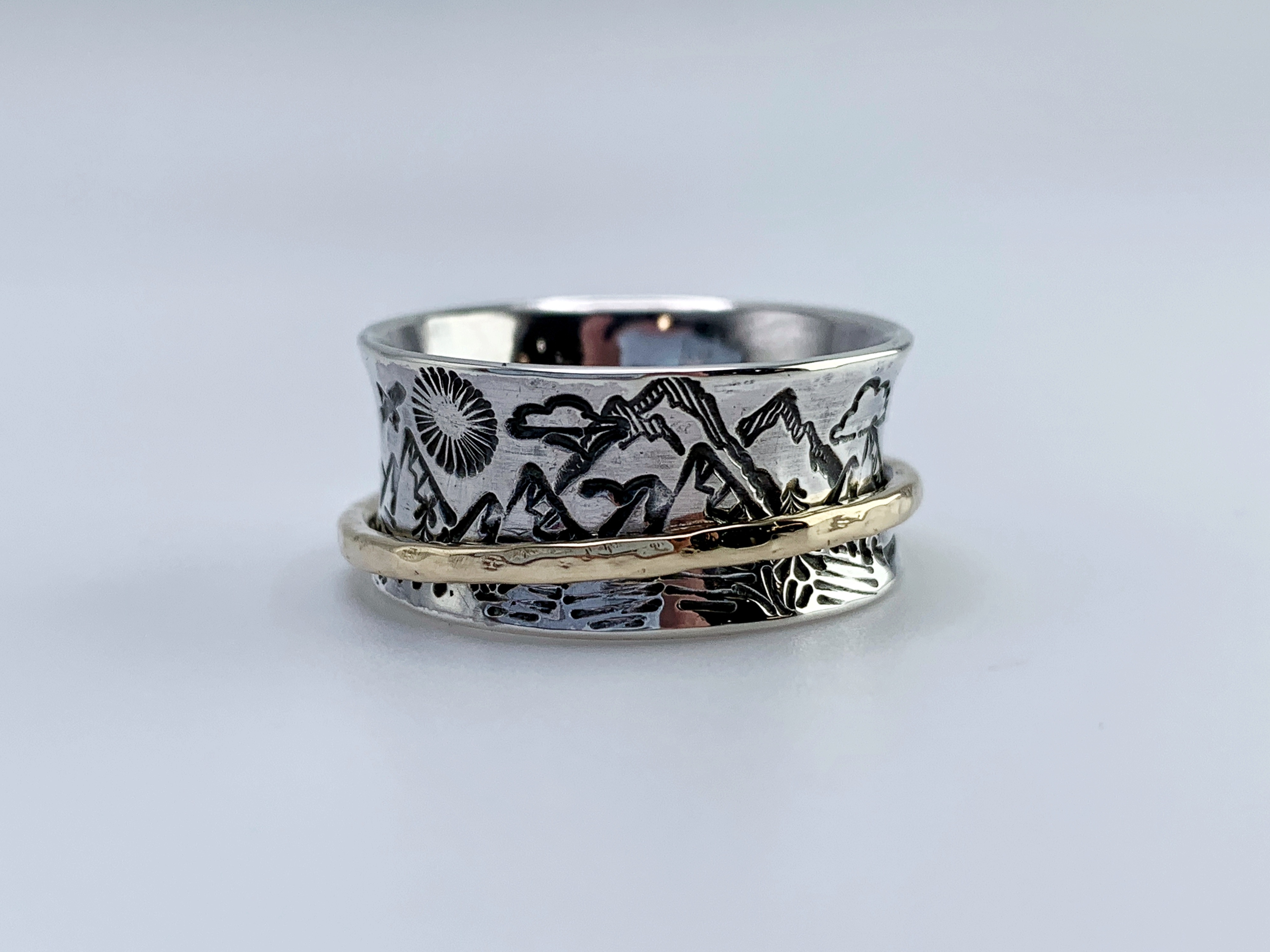 Scenic Route Mountain Spinner Ring / Solid Sterling Silver / Solid 14k Gold /10mm Width / Hammer Forged / Custom Sized / “Night and Day” - Image 2