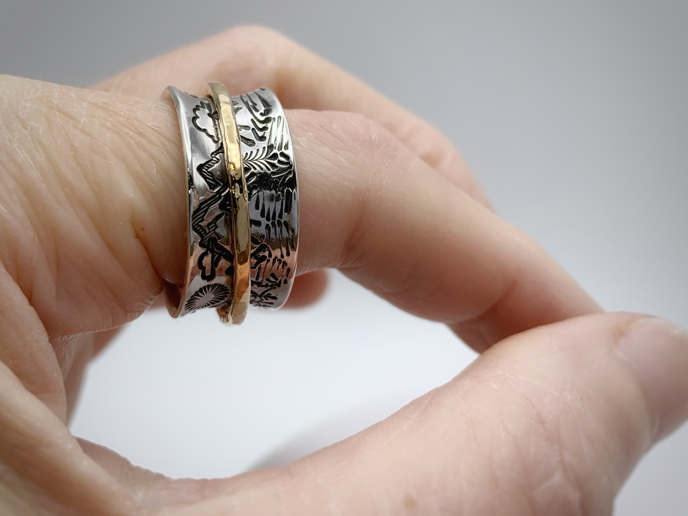 Scenic Route Mountain Spinner Ring / Solid Sterling Silver / Solid 14k Gold /10mm Width / Hammer Forged / Custom Sized / “Night and Day” - Image 9