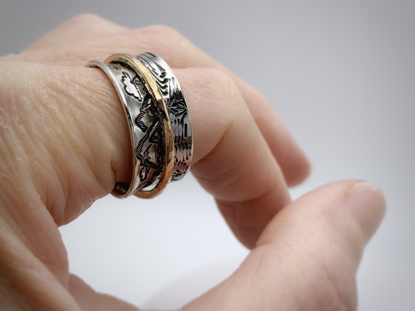 Scenic Route Mountain Spinner Ring / Solid Sterling Silver / Solid 14k Gold /10mm Width / Hammer Forged / Custom Sized / “Night and Day” - Image 10