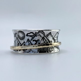 Scenic Route Mountain Spinner Ring / Solid Sterling Silver / Solid 14k Gold /10mm Width / Hammer Forged / Custom Sized / “Night and Day”