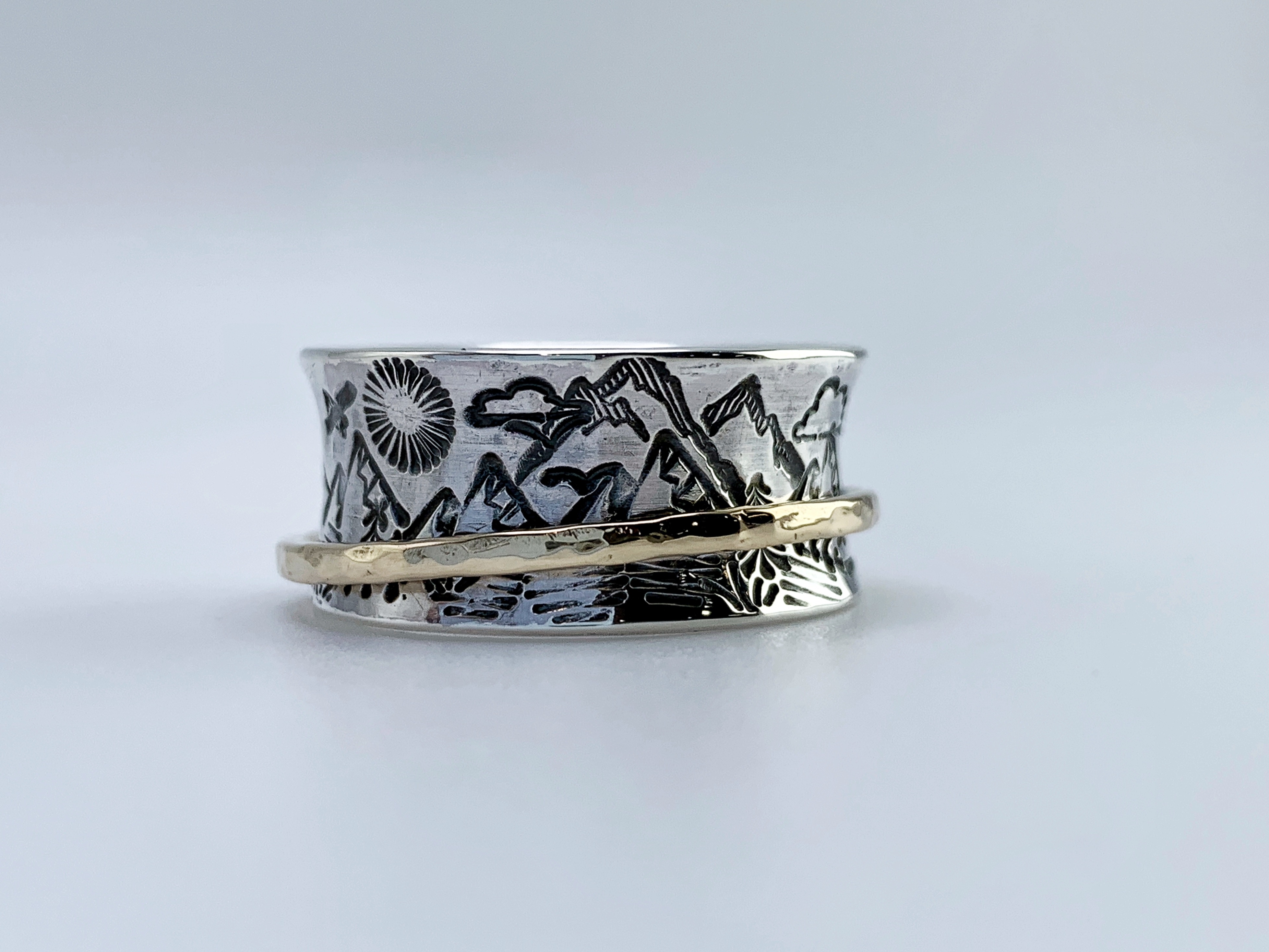 Scenic Route Mountain Spinner Ring / Solid Sterling Silver / Solid 14k Gold /10mm Width / Hammer Forged / Custom Sized / “Night and Day”