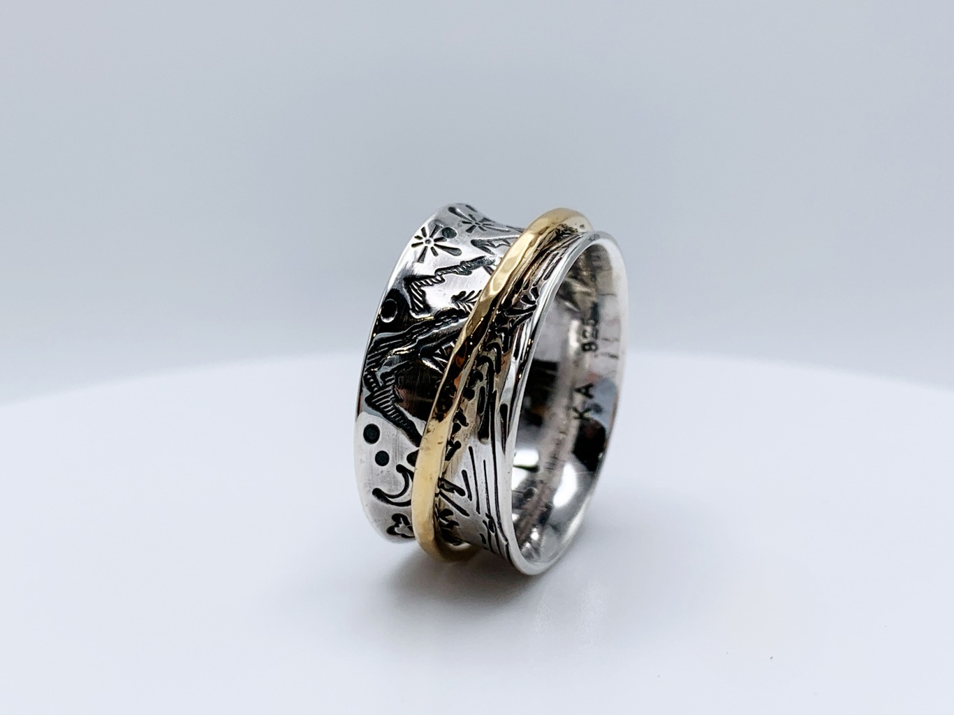 Scenic Route Mountain Spinner Ring / Solid Sterling Silver / Solid 14k Gold /10mm Width / Hammer Forged / Custom Sized / “Night and Day” - Image 4