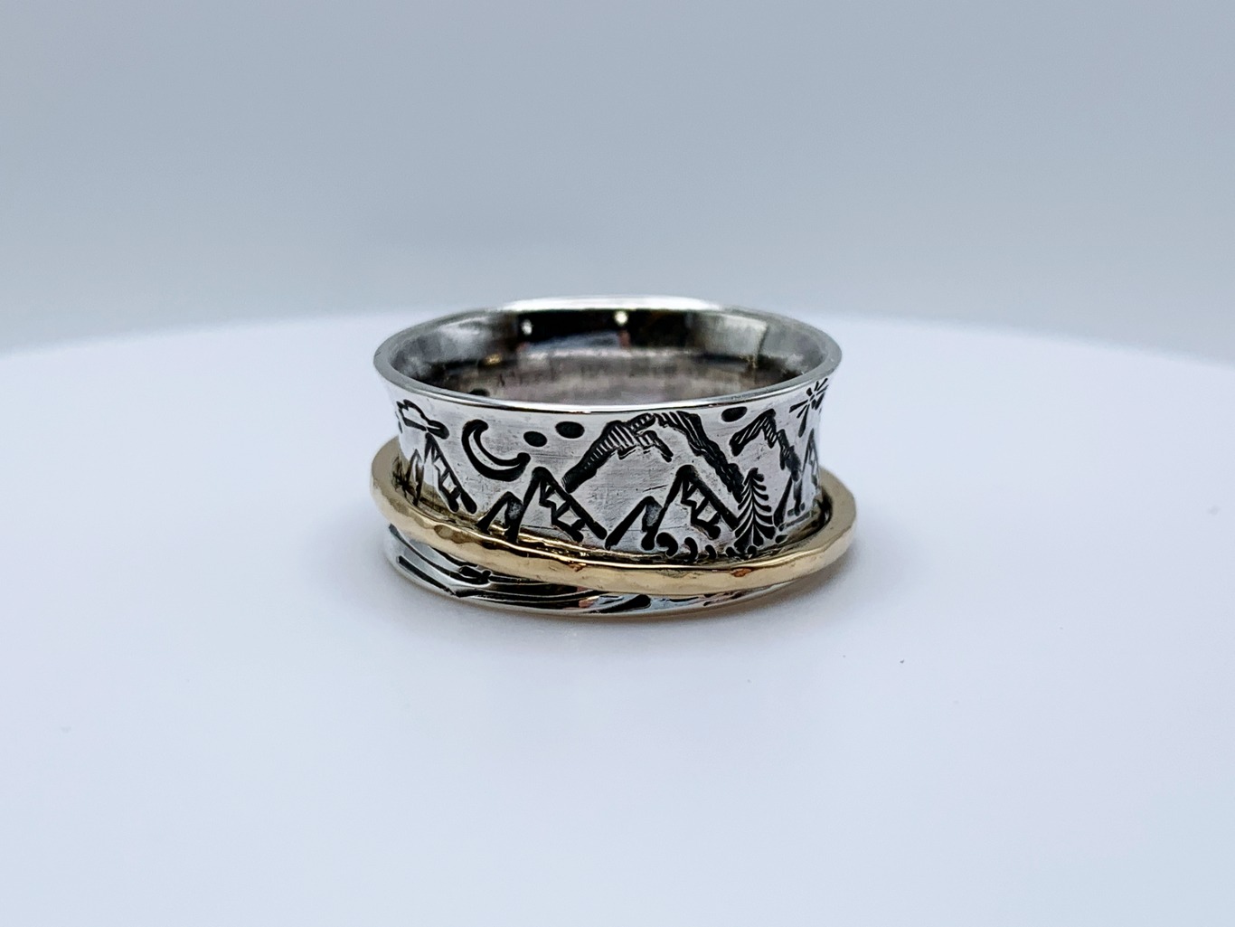 Scenic Route Mountain Spinner Ring / Solid Sterling Silver / Solid 14k Gold /10mm Width / Hammer Forged / Custom Sized / “Night and Day” - Image 7