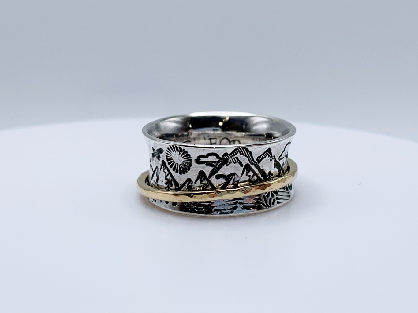 Scenic Route Mountain Spinner Ring / Solid Sterling Silver / Solid 14k Gold /10mm Width / Hammer Forged / Custom Sized / “Night and Day” - Image 8