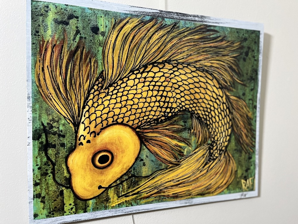 Golden Flow (Flip Em the Fin) Wall Art By Artist Rafi Perez Textured Artist Enhanced Print On Wood 18X22 - Image 2