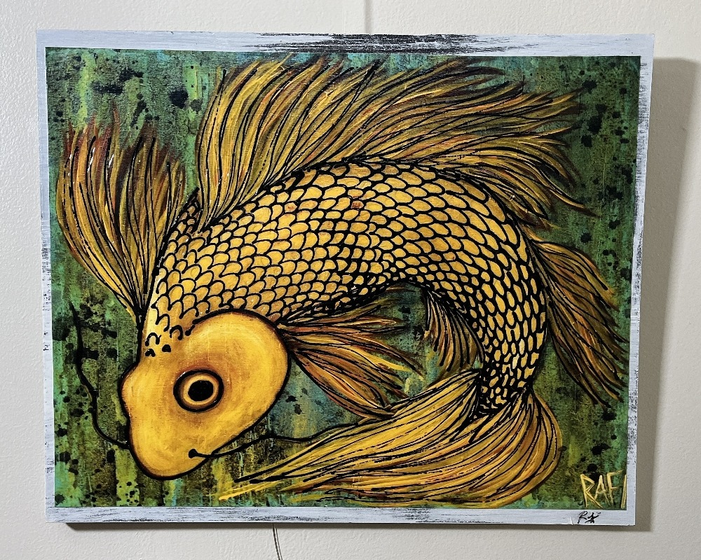 Golden Flow (Flip Em the Fin) Wall Art By Artist Rafi Perez Textured Artist Enhanced Print On Wood 18X22 - Image 3