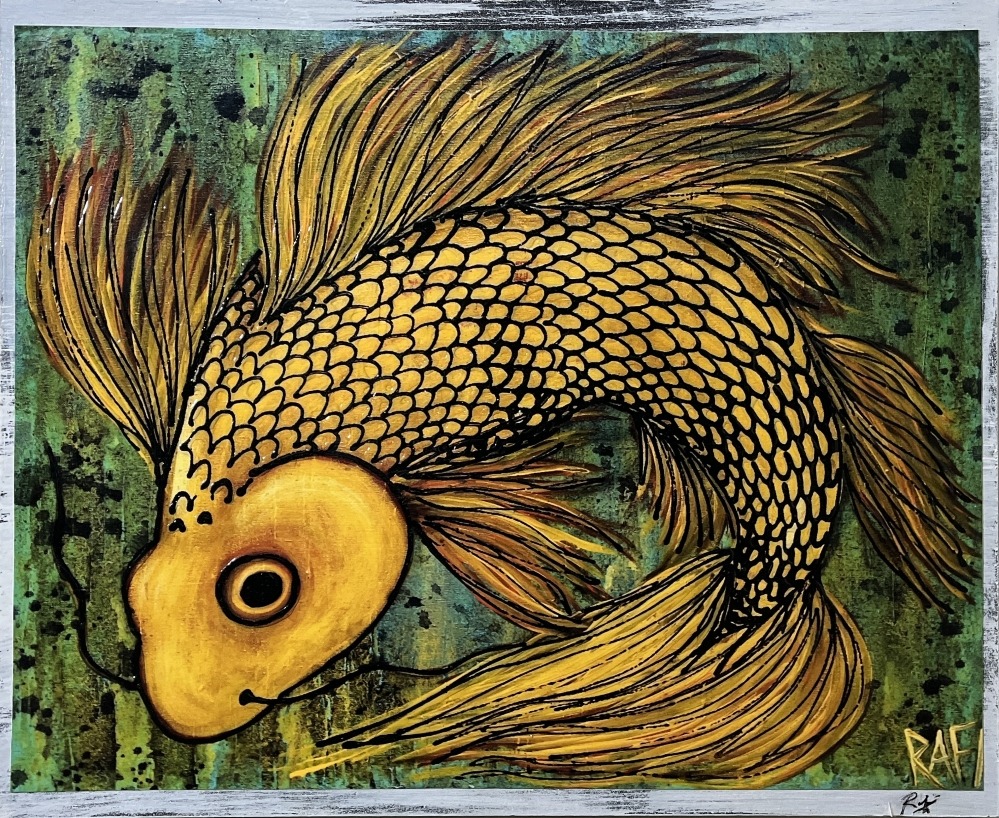 Golden Flow (Flip Em the Fin) Wall Art By Artist Rafi Perez Textured Artist Enhanced Print On Wood 18X22 - Image 4