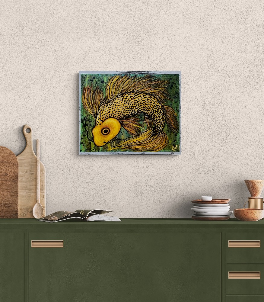 Golden Flow (Flip Em the Fin) Wall Art By Artist Rafi Perez Textured Artist Enhanced Print On Wood 18X22 - Image 6