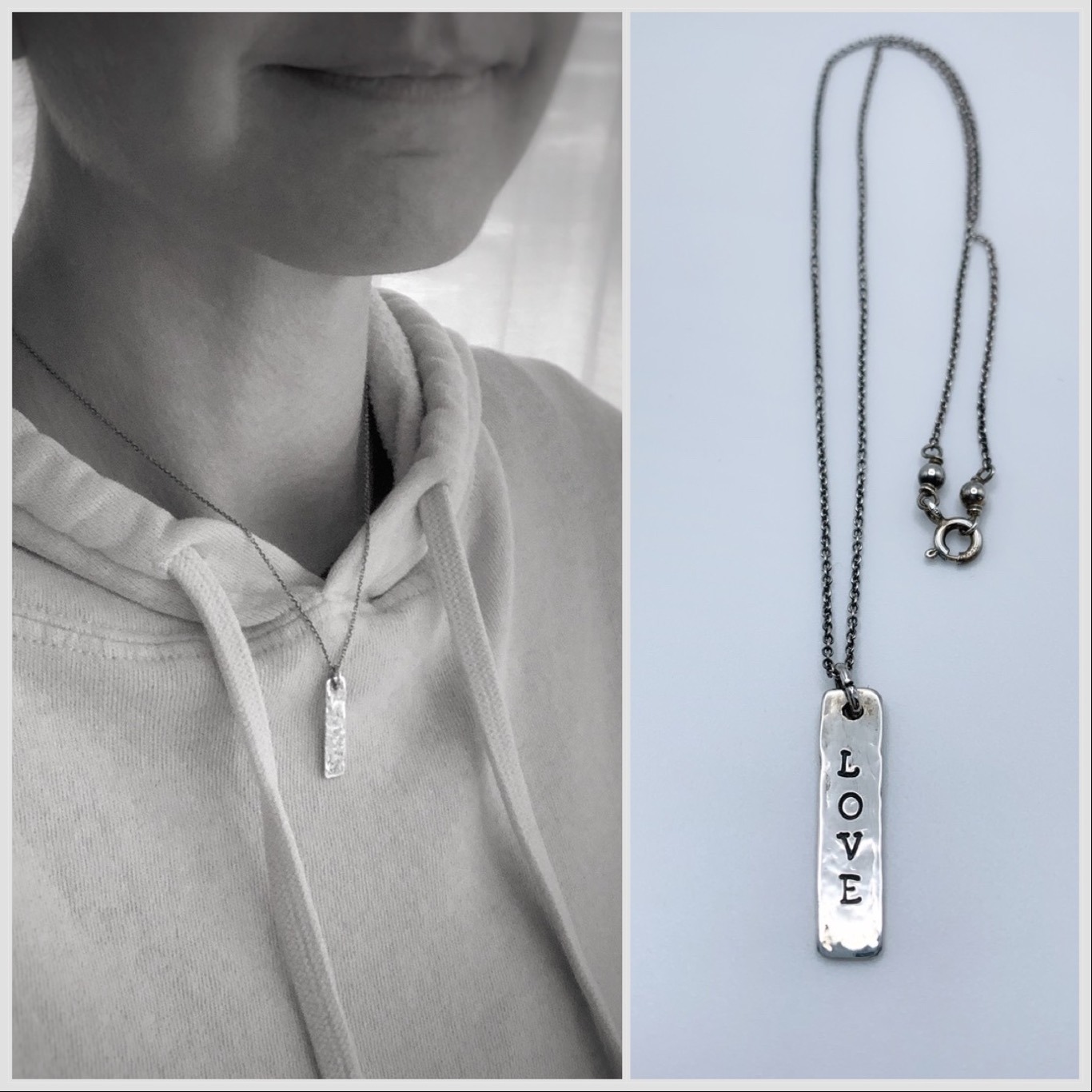 “Love” Vertical Bar Necklace / Solid Sterling Silver / Hammer Forged / Rustic Hammered Texture / 16″ Chain