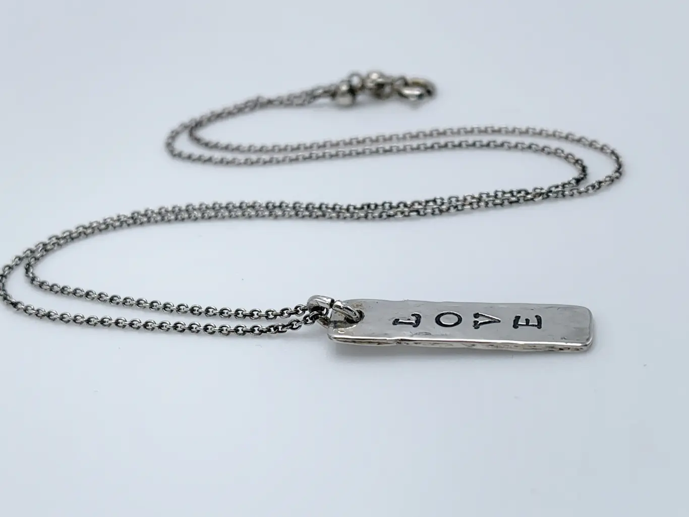 "Love" Vertical Bar Necklace / Solid Sterling Silver / Hammer Forged / Rustic Hammered Texture / 16" Chain - Image 5