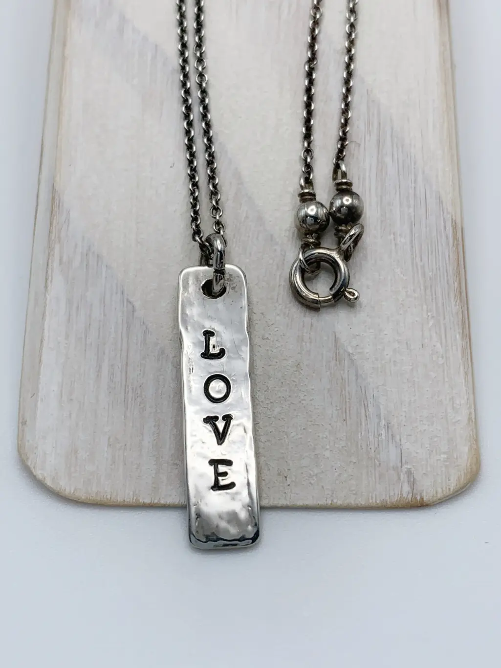 "Love" Vertical Bar Necklace / Solid Sterling Silver / Hammer Forged / Rustic Hammered Texture / 16" Chain - Image 7