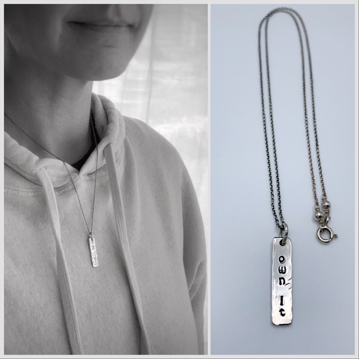 “Own It” Vertical Bar Necklace / Solid Sterling Silver / Hammer Forged / Rustic Hammered Texture / 19″ Chain