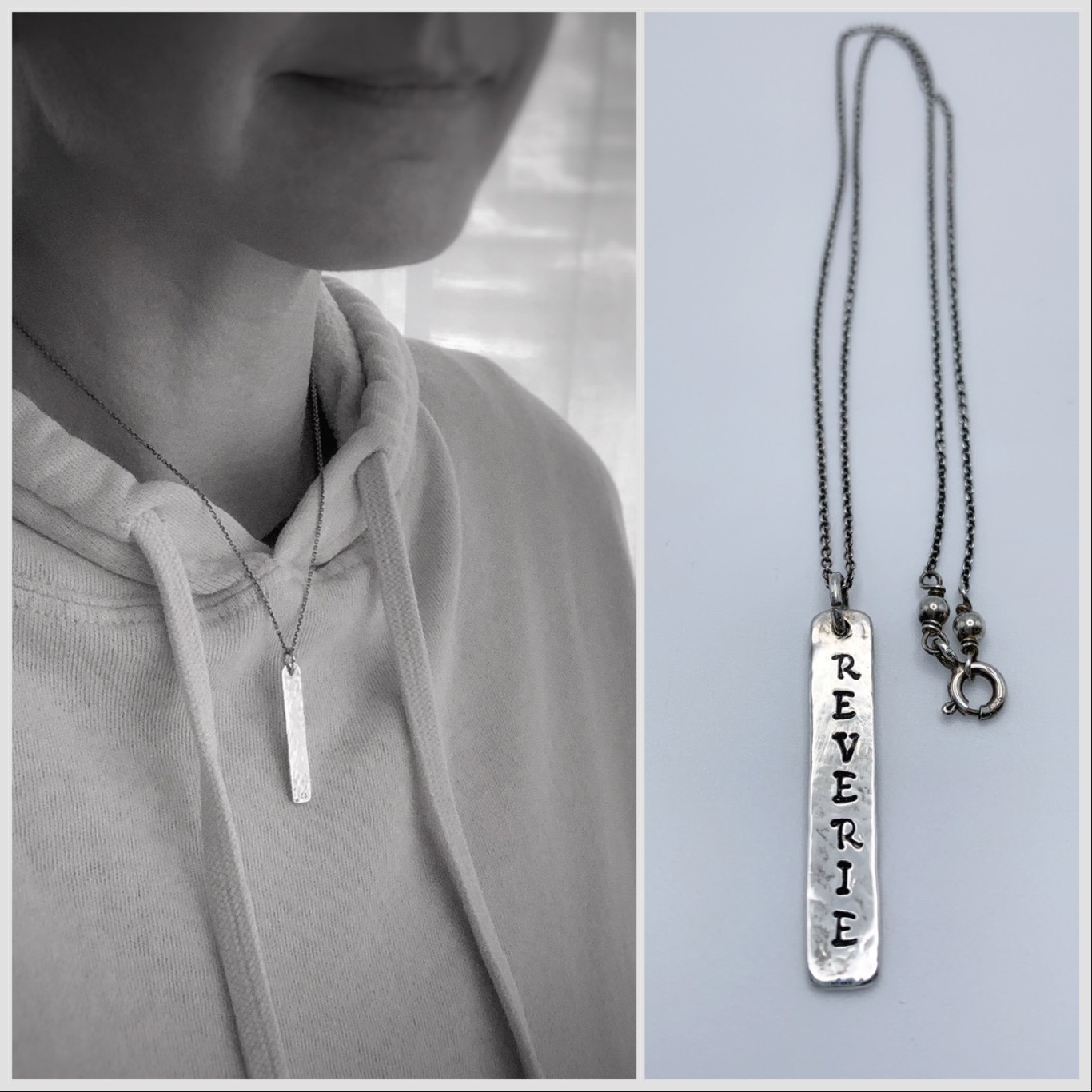 “Reverie” Vertical Bar Necklace / Solid Sterling Silver / Hammer Forged / Rustic Hammered Texture / 16″ Chain