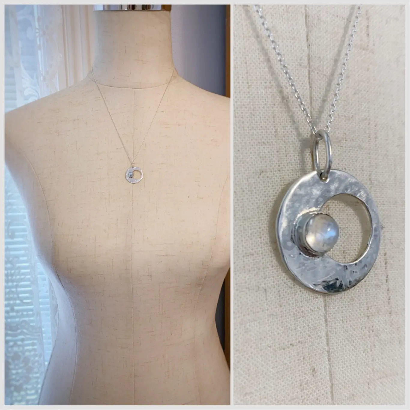 Moon Mama Pendant Necklace / Solid Sterling Silver / Rainbow Moonstone / Subtle Hammered Texture / "Luminous Being" - Image 11