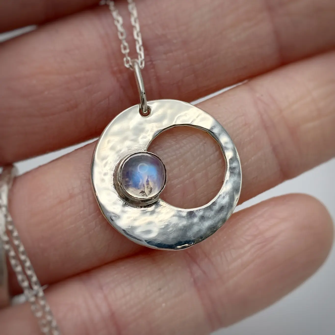 Moon Mama Pendant Necklace / Solid Sterling Silver / Rainbow Moonstone / Subtle Hammered Texture / "Luminous Being" - Image 10